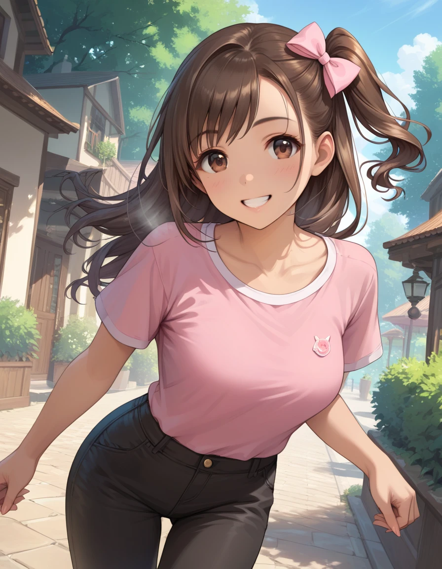 (score_8, score_8_up,masterpiece,highest quality,Perfect Anatomy,Exquisite detailed,realistic)solo,smmruzk,brown eyes,long hair, brown hair, one side up, hair bow, busty,pink shirt,black pants,steam,smile,running