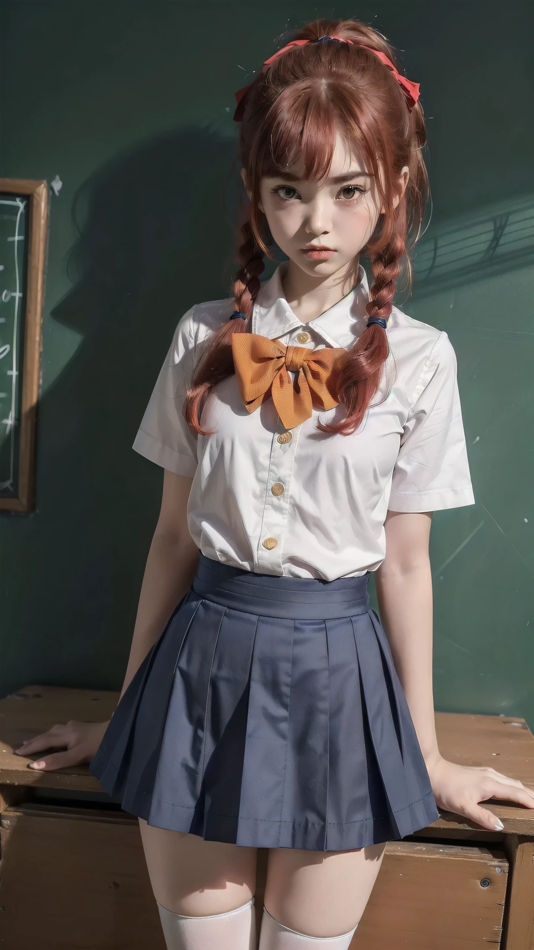 ((top quality, ultra-detailed, high resolution, extremely detailed CG, unity 8k wallpaper, by famous artist, perfect anatomy, super detailed skin, cinematic lighting, UHD, retina, anatomically correct, 1080P)), (Please draw a single one happy girl walking in a classroom school :1.3), ((1girl)), (Solo, face,13-year-old:2.0), a junior high school student, ((cute petit girl, chibi, babyface)) androgynous charm, (Medium hair, ((full red hair)) ((redhead)), pigtails, straight bangs, with a bow in her hair, ((very thin legs)), ((skinny legs, thin body, small build)), Full limbs, complete fingers, ((perfect fingers and hands)), flat chest, small breasts, childish body, small butt, groin, Beautiful detailed full yellow gold eyes, perfect eyes, sailor school uniform, ((blue skirt)) and white blouse, ((red bow on the blouse)), blue sailor collar, short sleeves, stockings, socks outlined with black stripe, shoes, (Detailed Lighting), ((classroom background)), (Detailed scenary background), ((in the school zone)), full body view, ((standing)), legs. Cute, kawaii single girl (one girl), full body shot. ((Background is the school)), front body, ((little young  body:1.3)), ((A natural, correctly proportioned hands)), ((Straight bangs cut just to the eyebrows, perfectly aligned and not moving to the side:1.3))