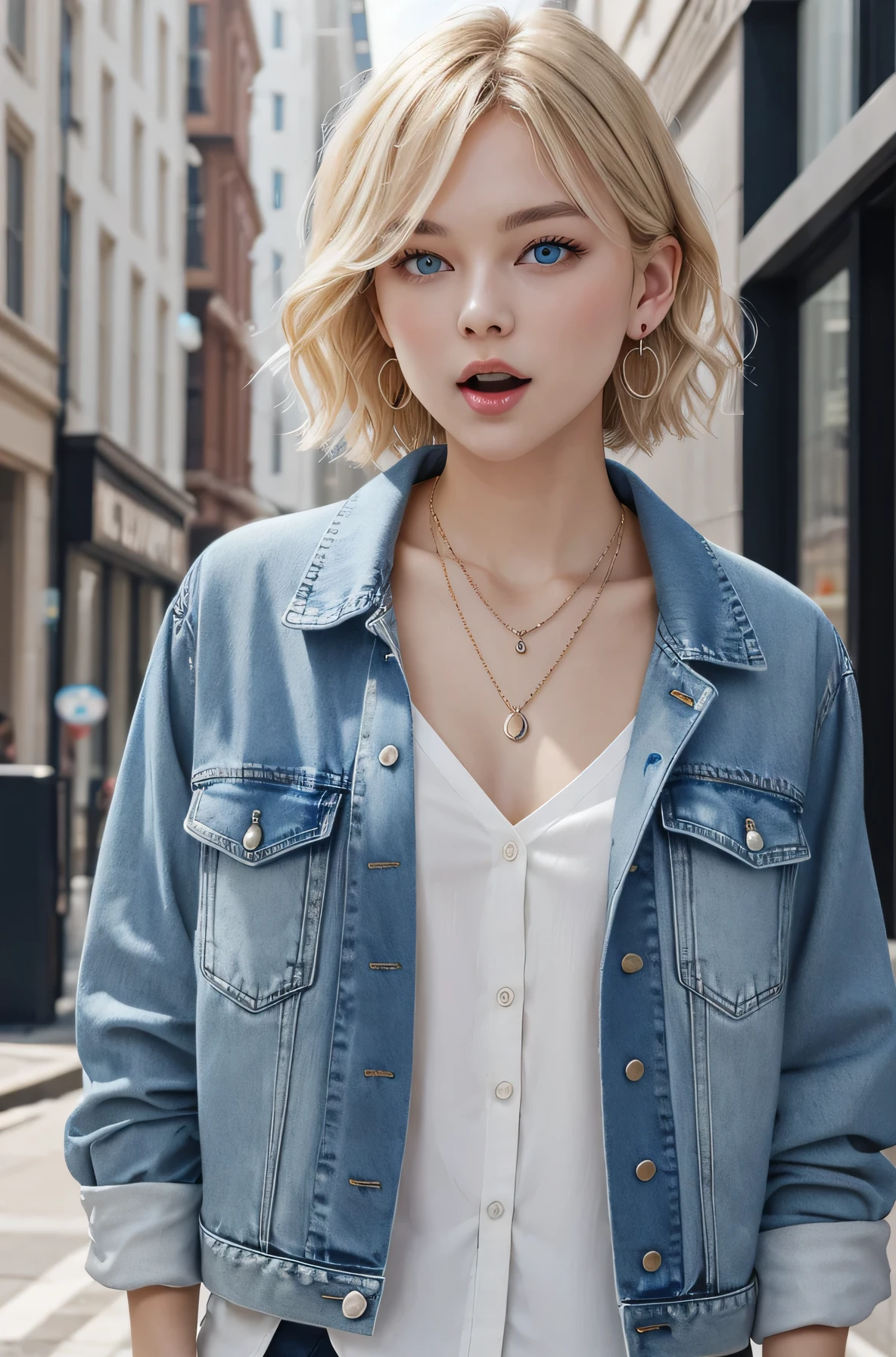 Pure white beauty、Neat and clean Caucasian woman、Blonde Hair、blue eyes、Short Haircut、Wavy Hair、、、Denim jacket、shirt、Open your mouth a little、View your audience, Earrings, necklace, _background,City Streets Task in progress