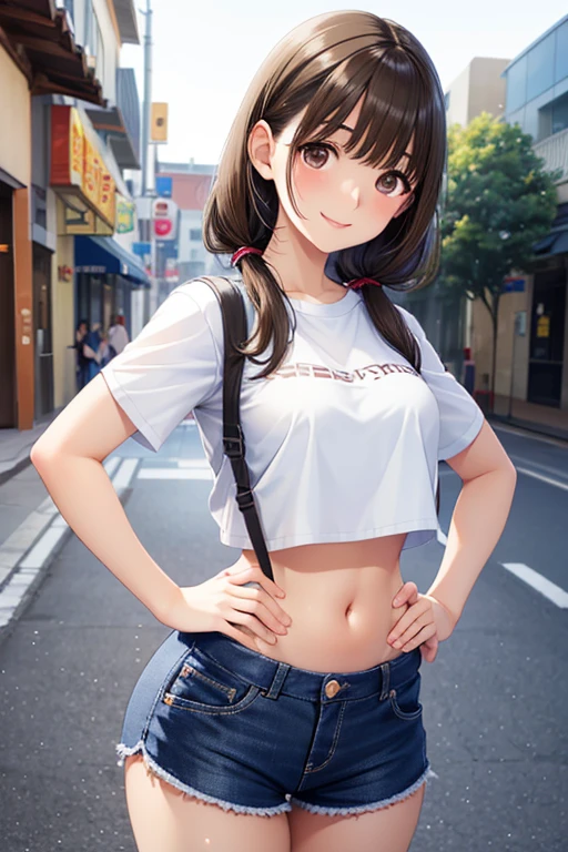 anegasaki nene、Shiny brown hair, (Beautiful brown eyes、Sparkling eyes, Fine grain)、smile、Ultra-detailed eyes、Highly detailed face, Highly detailed eyes,
masterpiece、High resolution、High resolution、Brown haired twin tail anime, Brown eyes, Hands on hips, Wear crop tops and shorts, smile, street, evaluation_Safety