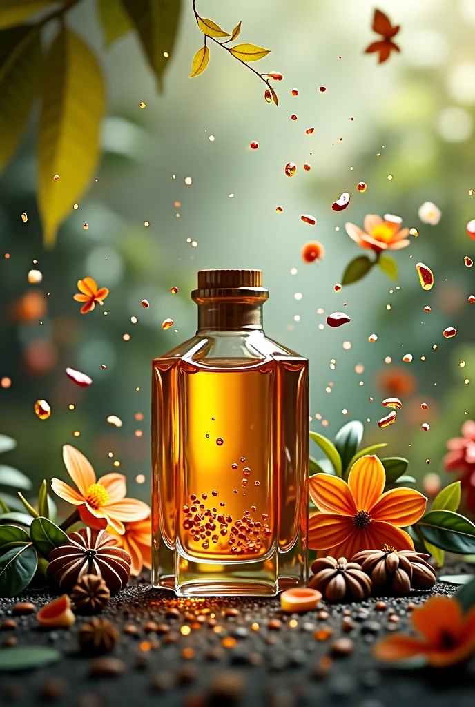 bottle with essential oil with leaves, spices and flowers flying in the nature background