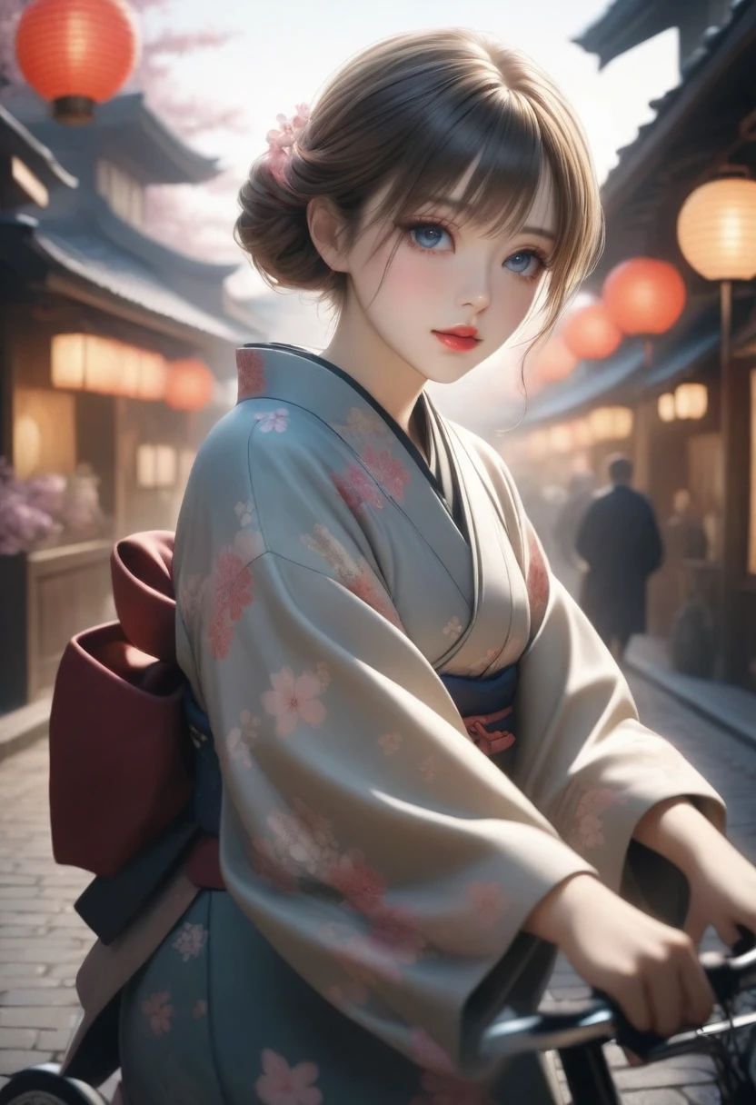 a woman wearing a traditional japanese kimono riding a japanese style bicycle, in an edo period castle town, beautiful detailed eyes, beautiful detailed lips, extremely detailed eyes and face, long eyelashes, detailed traditional japanese clothing, intricate kimono patterns, detailed architectural background, cobblestone streets, traditional japanese buildings, lanterns, cherry blossoms, soft lighting, muted color palette, cinematic composition, masterpiece, (best quality, 4k, 8k, highres, masterpiece:1.2), ultra-detailed, (realistic, photorealistic, photo-realistic:1.37), HDR, UHD, studio lighting, ultra-fine painting, sharp focus, physically-based rendering, extreme detail description, professional, vivid colors, bokeh
