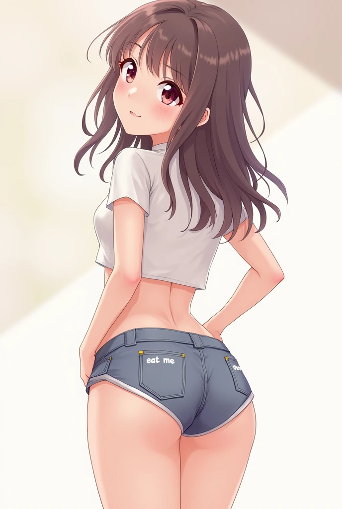 Anime girl butt with shorts that say eat me on the pockets
