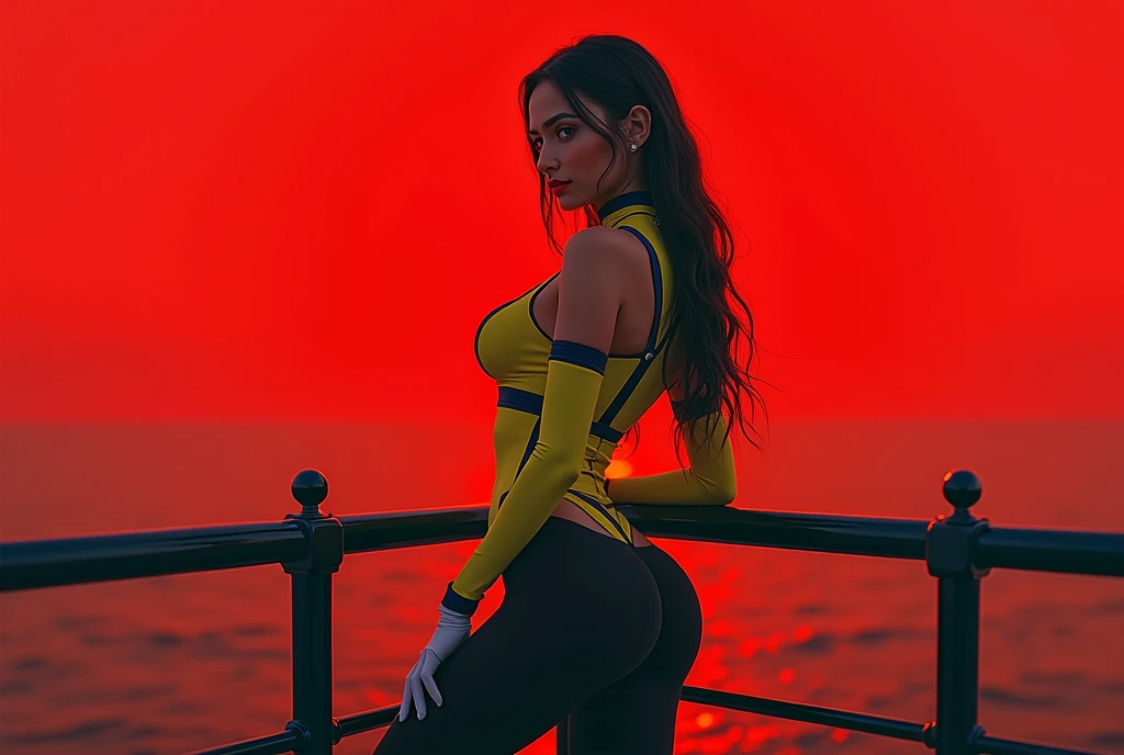masterpiece, high quality, uncensoRed, cosmetic, nose, Lips, Solitary, Leaning against the railing, britwtrs, Long hair, hood, Tights, Bare shoulders, Long sleeve, cleveage, Central opening, Garment cutting, Thigh straps, Bridal Gloves, belt, Round breasts, Looking at the audience, (Red, Yellow and black color scheme), (Slim waist, Hourglass figure, Large Breasts: 1.1), Stand at the top of the tower, High depth of field, refrigeration, easy, Red sky, ((Epic views, Smile)), (((Rear view))