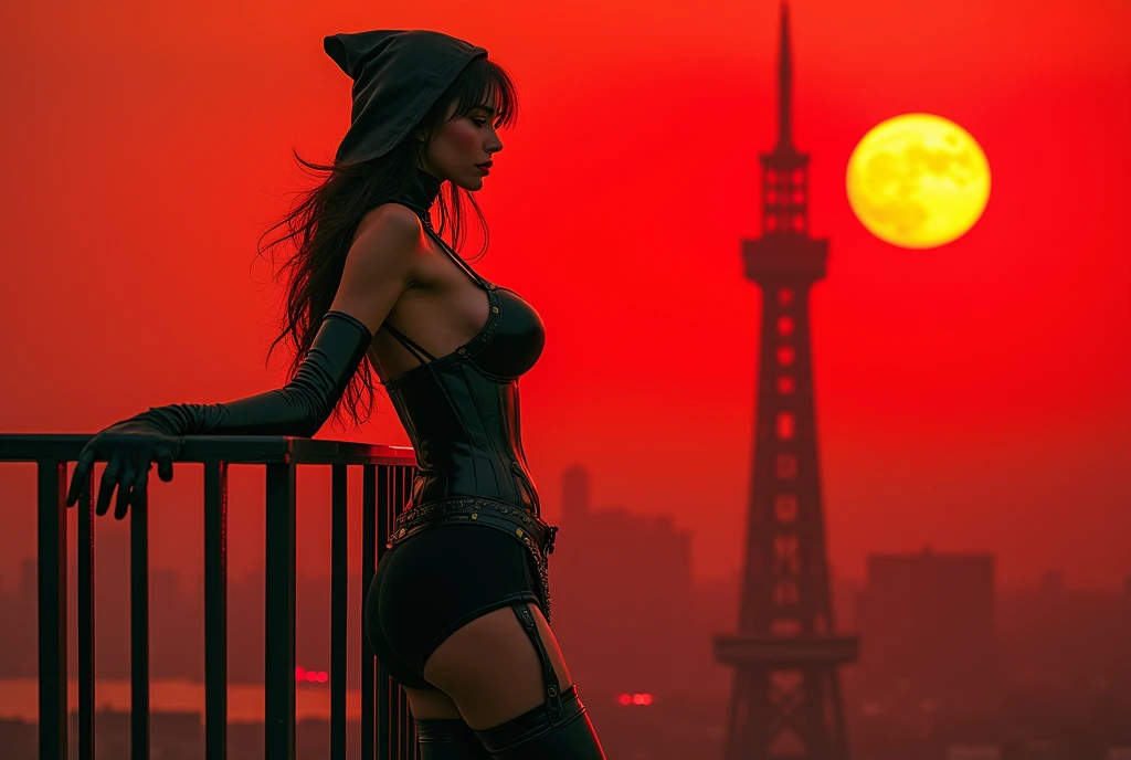 masterpiece, high quality, uncensoRed, cosmetic, nose, Lips, Solitary, Leaning against the railing, britwtrs, Long hair, hood, Tights, Bare shoulders, Long sleeve, cleveage, Central opening, Garment cutting, Thigh straps, Bridal Gloves, belt, Round breasts, Looking at the audience, (Red, Yellow and black color scheme), (Slim waist, Hourglass figure, Large Breasts: 1.1), Stand at the top of the tower, High depth of field, refrigeration, easy, Red sky, ((Epic views, Smile)), (((Rear view))