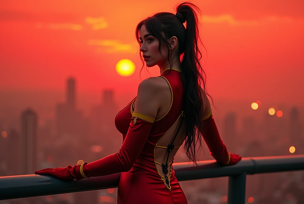 masterpiece, high quality, uncensoRed, cosmetic, nose, Lips, Solitary, Leaning against the railing, britwtrs, Long hair, hood, Tights, Bare shoulders, Long sleeve, cleveage, Central opening, Garment cutting, Thigh straps, Bridal Gloves, belt, Round breasts, Looking at the audience, (Red, Yellow and black color scheme), (Slim waist, Hourglass figure, Large Breasts: 1.1), Stand at the top of the tower, High depth of field, refrigeration, easy, Red sky, ((Epic views, Smile)), (((Rear view))