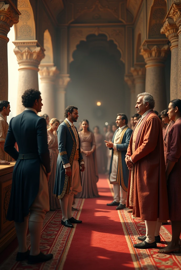 East India Company Officials in Indian Royal Courts:A depiction of British East India Company officials in the royal court of an Indian ruler, with a mix of tension and diplomacy, showcasing the cultural exchange and conflict. "3D images