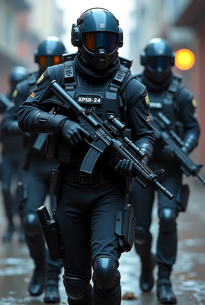 A game character with a gun in a black and blue outfit with the word XPSR-24 and the XAB logo, its character should be similar to the game Kalaf Duty, a squad of four people together