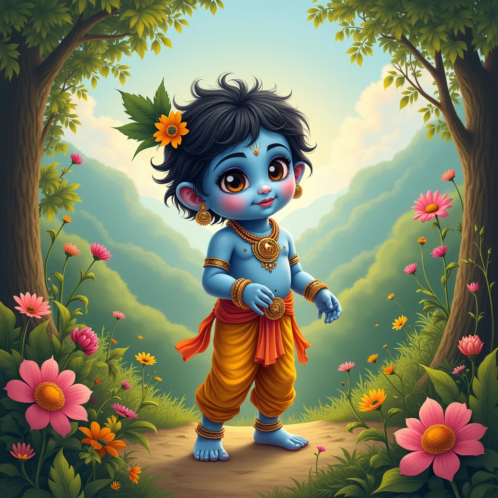 God kanha and playing in rain lotus peacock caw flower