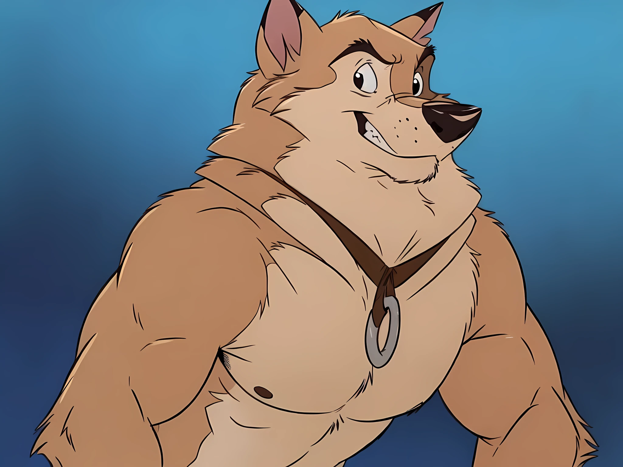 balto, detailed, detailed face, detailed eyes, anthro body, black lineart, black outline, male, masculine, muscular body, pectorals, adult, negger muscle anatomy, wolf, wolf body, brown iris, yellow sclera, cartoon shading, cel shaded:1.0, confident, proud, smile, white background, front view:1.1, balto feet, legs, legs spread, black speedos, full body:1.2, wolf tail