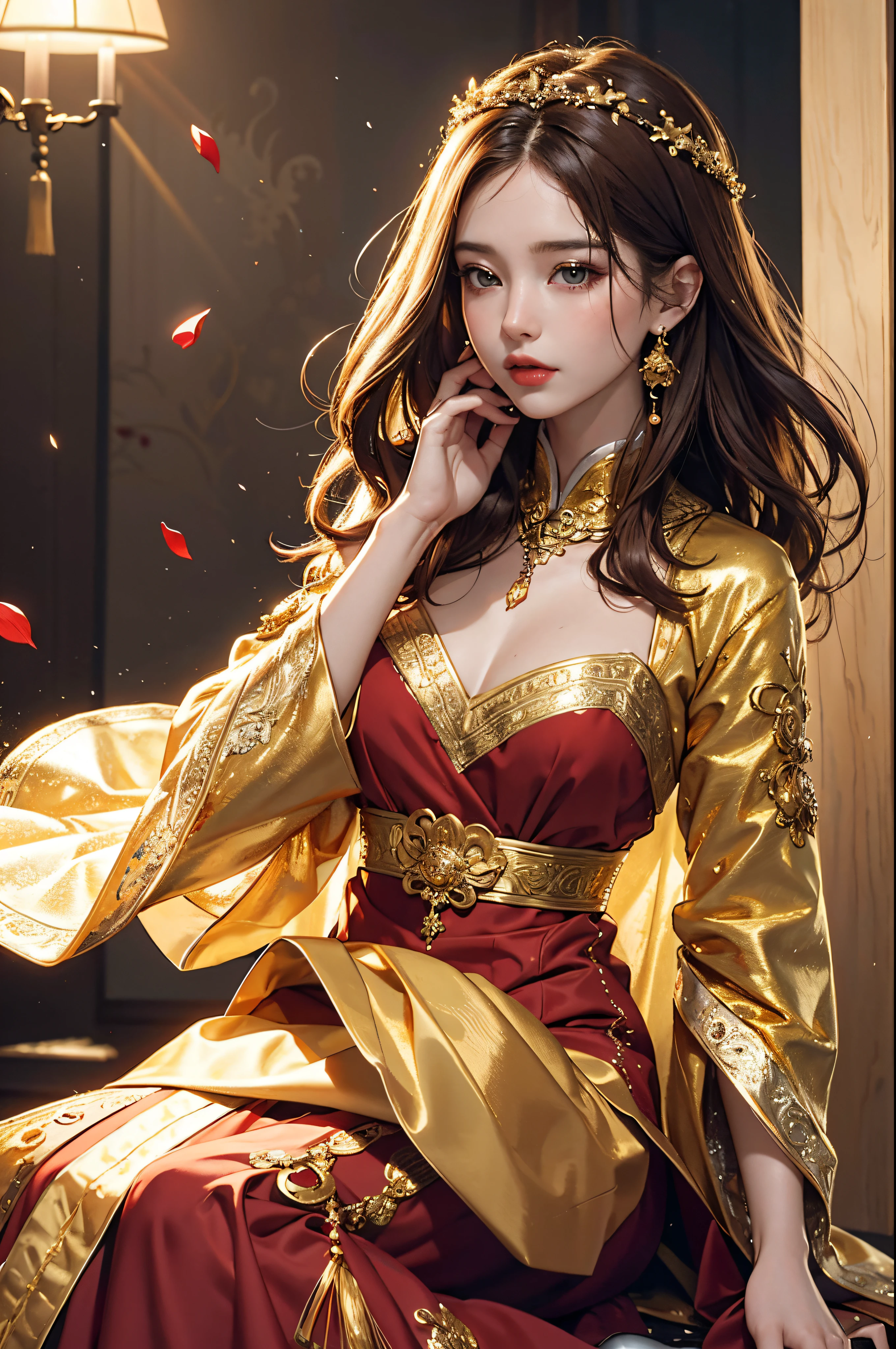 best quality, masterpiece, mackerel, (Exquisite Body:1.5),gorgeous face,(Milky skin:1.3),intricate details,high resolution,wallpaper,
1 woman, alone, dress, headdress, (((gold and red dress))), flowers, long hair, brown hair, closed mouth, bijouterie, long sleeves, hand up, wide sleeves, big eyes,floating hair, chinese clothes, Hanfu, embroidery, long skirt, Natural Pose, falling petals, inside,fanning, candela,
16,000,HDR,mackerel,depth of field,(film grain:1.1),the book,golden hour,(lens flare),illustration,rainbow color,(color grading:1.5)