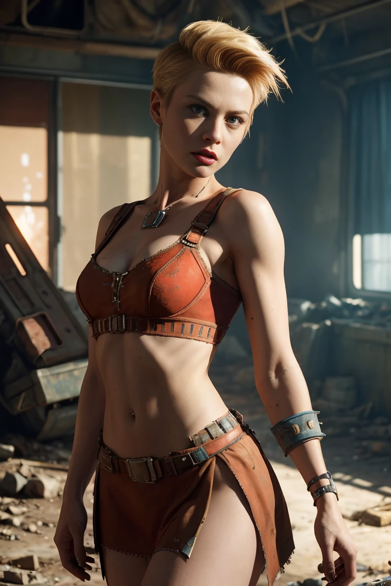 A fierce and beautiful woman, (Grace Kelly:Gillian Jacobs:0.5), short spiked blonde punk hairstyle, (wearing a revealing high detail raider outfit from Fallout 4), high detail face, high detail skin, seductive expression, perfect body, (perfect proportions), a nuclear wasteland background with scattered ruins, high quality, masterpiece, realistic photo, intricately detailed, 8k, HDR, shallow depth of field, wide light, high contrast, backlight, sharp focus, RAW color photo, looking at the camera, cool colors, dynamic poses, in the style of Fallout 4