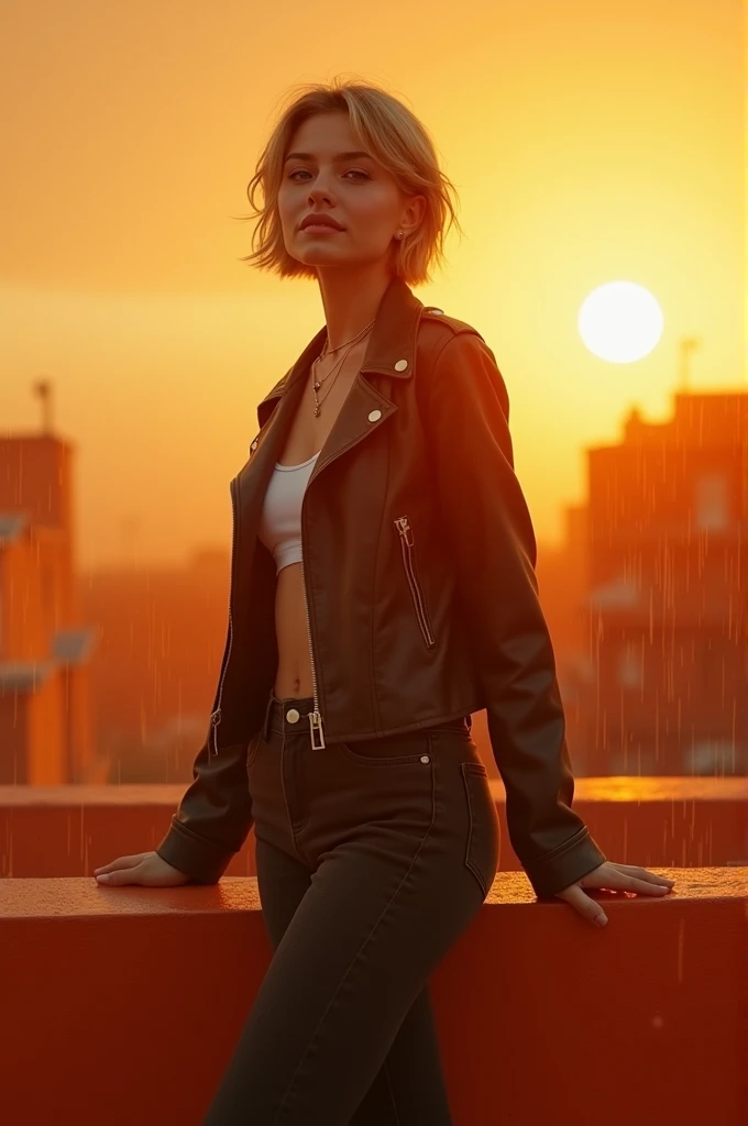 Professional photography, masterpiece, full body, beautiful 30 year woman, confident, charming, thin smile, trendy short blonde hair, wearing a jacket , long black jeans, attractive pose, on top of orange Mexican building, dramatic lighting, lens flare, glitter effect, resembling photo Sony 7000D, ultra realistic, high definition with added elements of rain or fog and cinematic effects like lens flare or motion blur, orange atmosphere