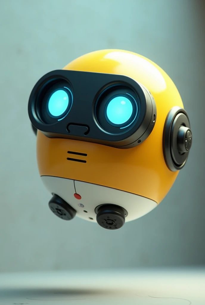 Robot ball floating. Binoculars eyes. Yellow white black . Flying. Yellow body. Blue eyes