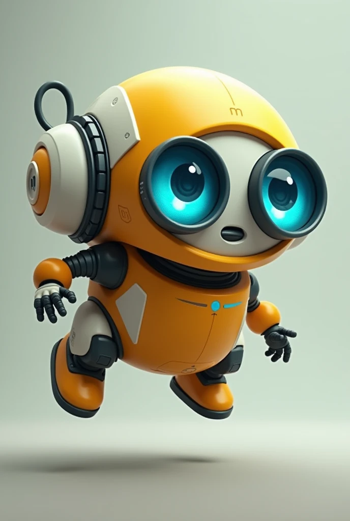 Robot ball floating. Binoculars eyes. Yellow white black . Flying. Yellow body. Blue eyes