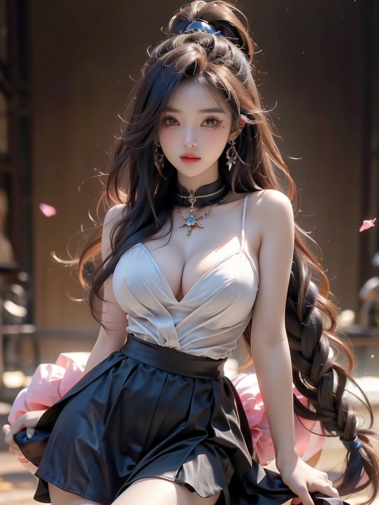 kid, ((1girl, whole body)), Exquisite makeup,Blush,blush,Shy expression,big eyes, Big eyes,Seductive eyes, in an elegant pose, her full breasts on display.,Visible cleavage,Sexy long legs,Her skin is flawless,The skirt is short, Random scenes,Random shooting angles, Emphasize sexy long legs,Ultra HD,Best quality,The colors are soft,Vibrant colors,Warm colors,Emphasizing natural beauty and elegance,Sweet maiden,High Detail,best quality,Colorful