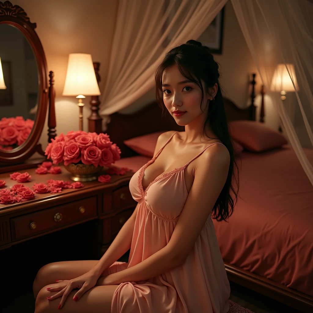The malay girl (17yearsold), curvacious, tied hair, huge breasted, wearing sleeveless knee-lenght nightgown.  sitting at the dressing table. The luxurious bedroom is decorated with red roses and a mosquito net with the night light as a background detail. Look at the viewer, natural light, realistic photography, wide angle shot from side.
