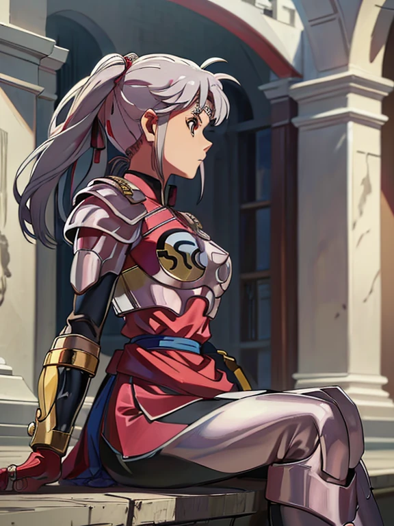 Silver hair with braids on both sides and red ribbons、A beautiful girl with red eyes the same color as her ribbon、leather armor、Breastplate only、Tunic、Flared skirt long boots、sword