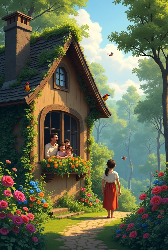 House in the middle of a forest full of beautiful flowers with birds, and a family of 4 at the window