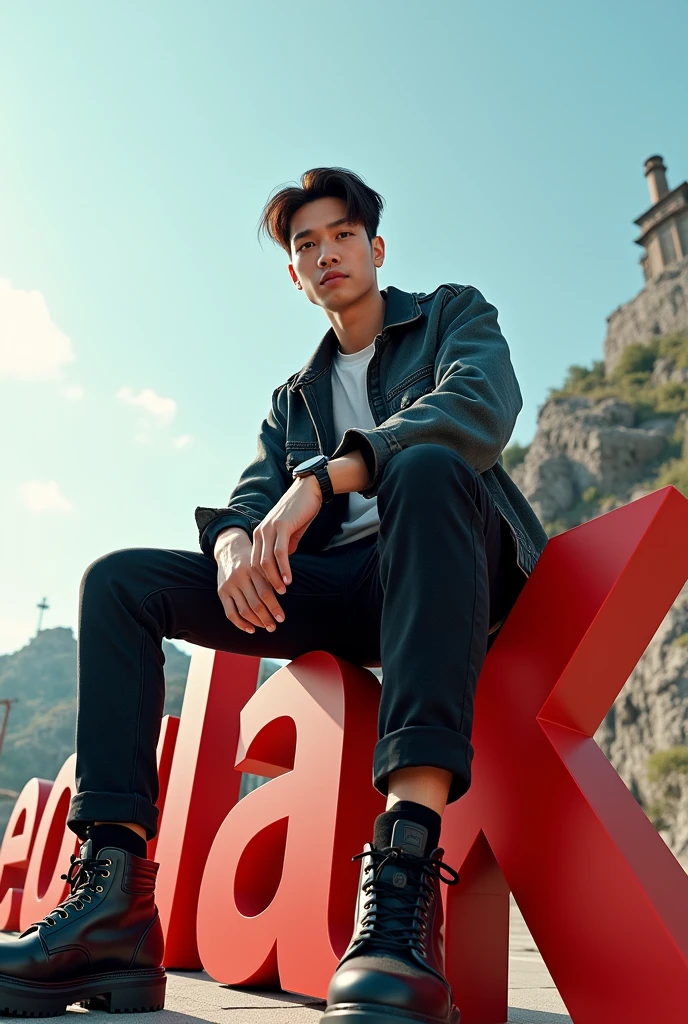 a handsome Asian guy aged 20 wearing cool clothes. sitting on a 3d text block that says "editin kak". background view from the hill