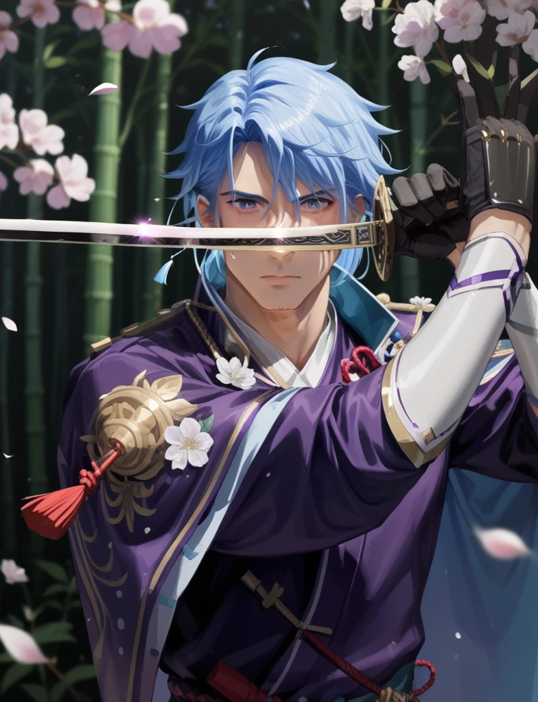 score_9, score_8_up, score_7_up, 
high guard sword parry stance, one-handed, solo,looking at viewer,bangs,blue eyes,simple background,gloves,long sleeves,1boy,hair between eyes,closed mouth,blue hair,purple eyes,jacket,upper body,flower,male focus,muscular,sidelocks,japanese clothes,black gloves,kimono,armor,katana,white flower,tassel,ribbon trim,mole under mouth,half gloves,kamisato ayato
bamboo forest background, cherry blossoms, wind,
 