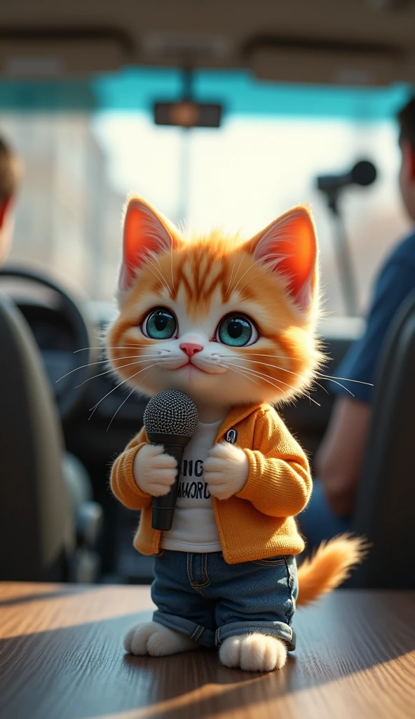 Cute miniature 'light orange and white' kitten in a t-shirt and jeans with hand mic as journalist.  camera, and dish in a van. People as background.