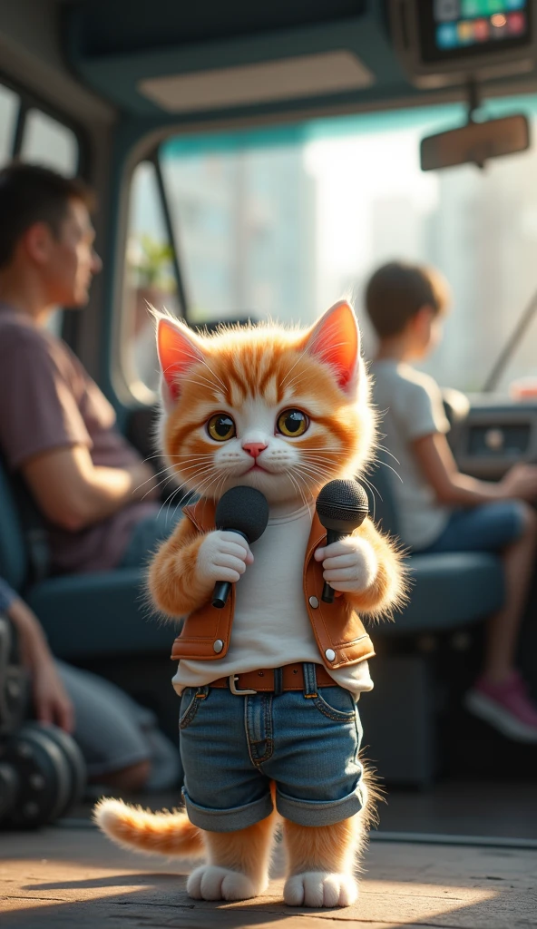 Cute miniature 'light orange and white' kitten in a t-shirt and jeans with hand mic as journalist.  camera, and dish in a van. People as background.