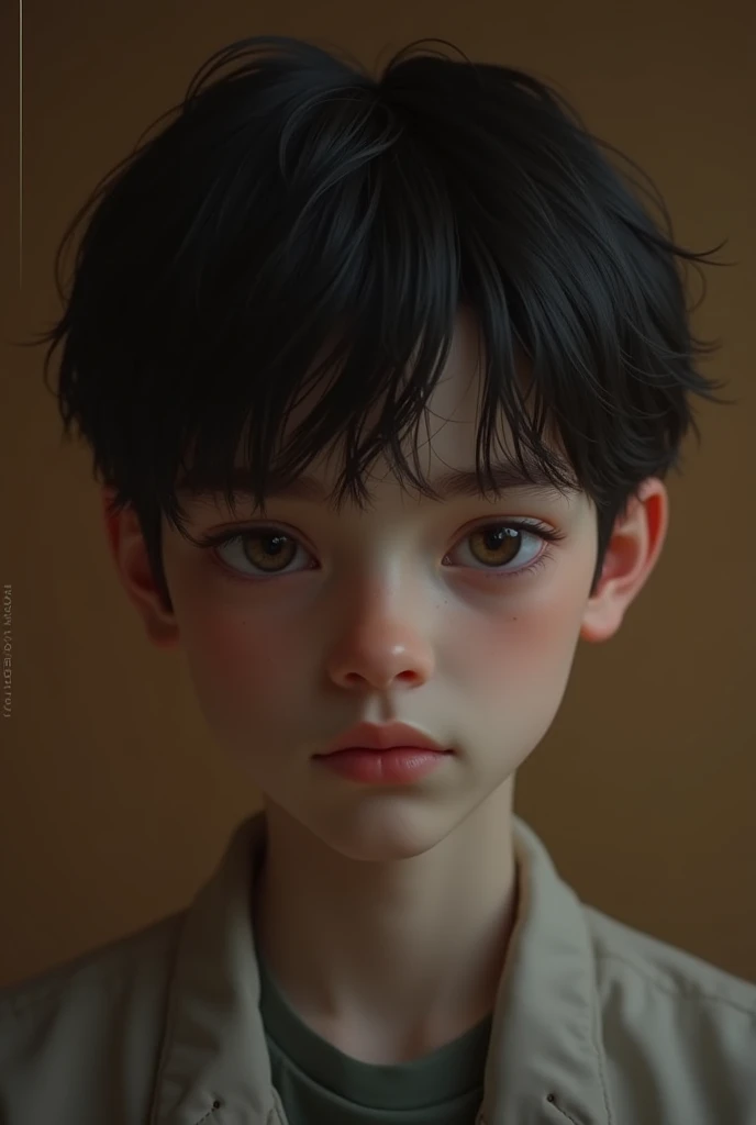 Can you create a brown book cover image with only a pair of sad eyes of a cute guys?