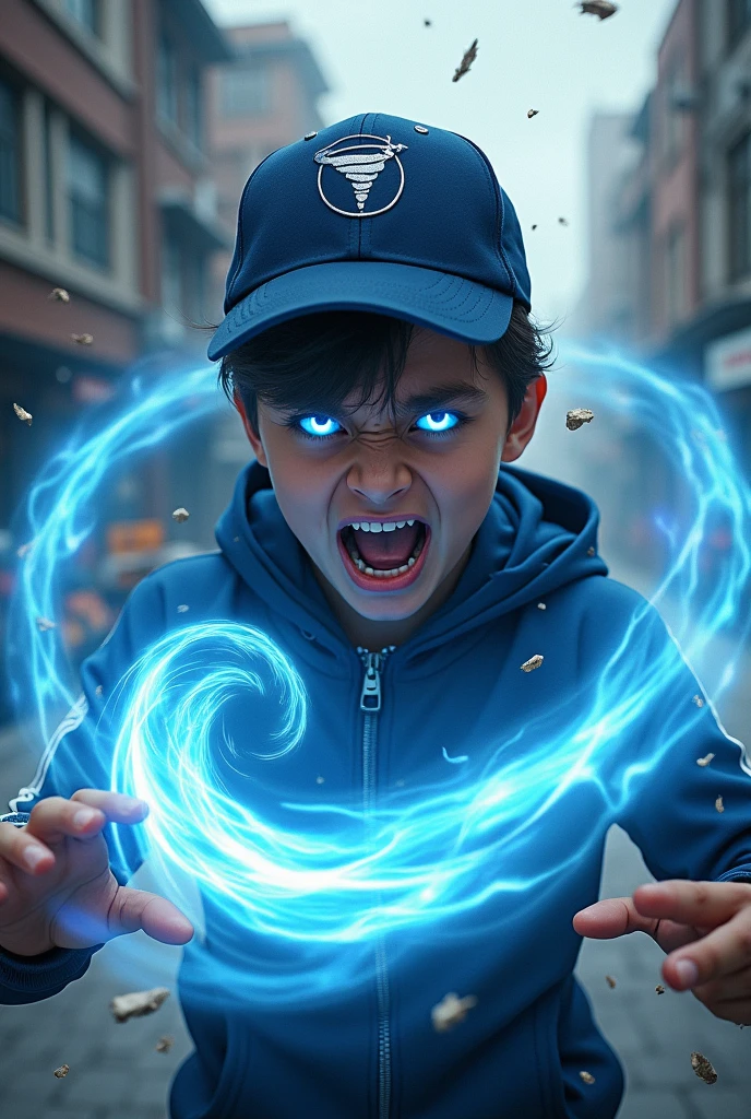 a young real teenage age . 19 Malaysia Indonesia.(Blue eyes) Glowing eyes. Anger face. Open mouth. . wearing an (navy blue white ) zip-up shirt, (nay blue white) navy blue cap with small logo (tornado) logo. Enger face . Dramatic.navy blue hoodie., detailed face, cinematic lighting, dramatic atmosphere,. Winter day. vibrant colors, 8k, high quality, photorealistic. Hero suit. Wind come from his hand. Glowing white wind element from hand, tornado everywhere . Glowing hand lightblue .navy blue , wind logo design . Very strong. Future design dress. Very epic. Very cool background.. dark sky. Very strong. Tornadastorm . Wind very strong . Flying dry leave everywhere.. wind ball sharp shape power from hand .rasengan . At city. Damage building. Floating small rock everywhere.