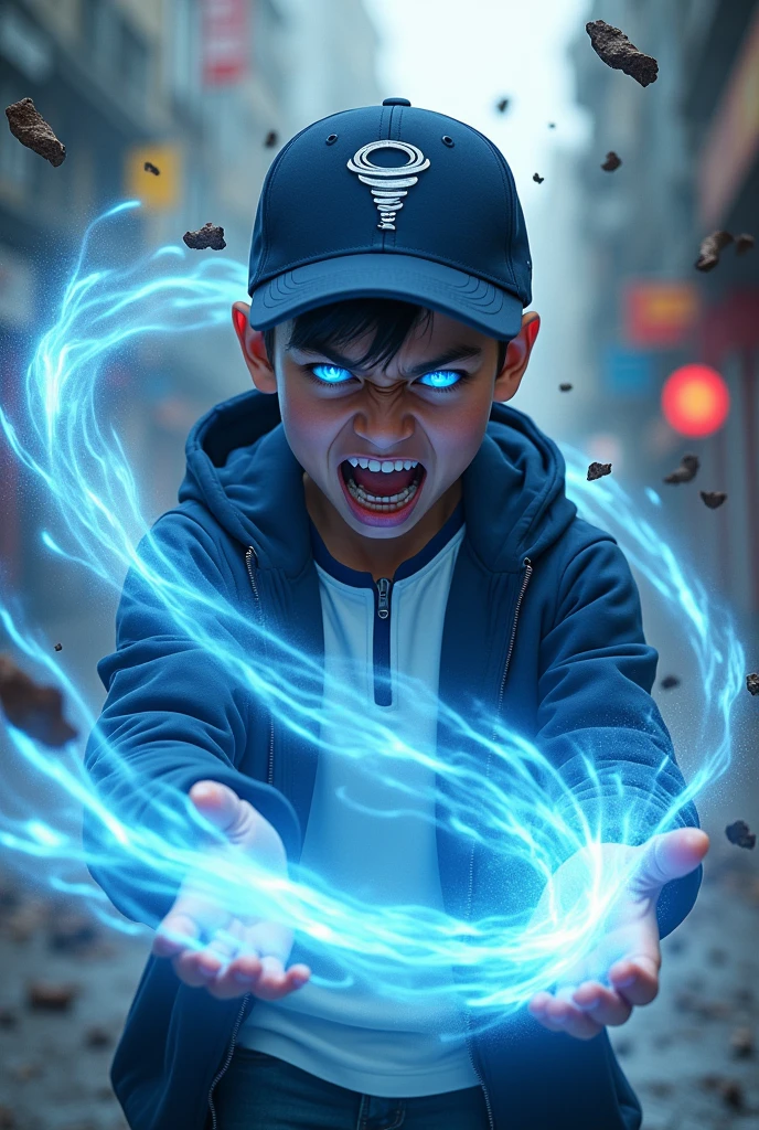 a young real teenage age . 19 Malaysia Indonesia.(Blue eyes) Glowing eyes. Anger face. Open mouth. . wearing an (navy blue white ) zip-up shirt, (nay blue white) navy blue cap with small logo (tornado) logo. Enger face . Dramatic.navy blue hoodie., detailed face, cinematic lighting, dramatic atmosphere,. Winter day. vibrant colors, 8k, high quality, photorealistic. Hero suit. Wind come from his hand. Glowing white wind element from hand, tornado everywhere . Glowing hand lightblue .navy blue , wind logo design . Very strong. Future design dress. Very epic. Very cool background.. dark sky. Very strong. Tornadastorm . Wind very strong . Flying dry leave everywhere.. wind ball sharp shape power from hand .rasengan . At city. Damage building. Floating small rock everywhere.