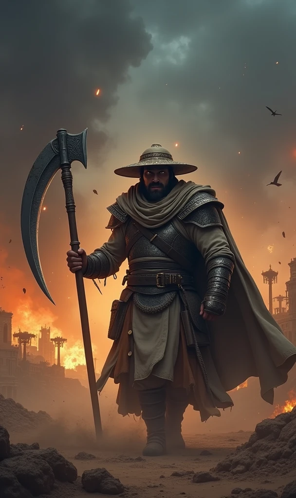 "Create a realistic and intense image of a warrior named FarmMasteR, depicted with a head that resembles the drawing provided, including the hat, facial features, and mustache. The warrior should be holding a large scythe, representing his farming background. The character should be dressed in traditional medieval desert armor, with a unique and fearsome presence. The background should depict a war-torn desert battlefield with a blue tone, filled with flames, smoke, and destruction to enhance the intense atmosphere. The lighting should be dramatic, emphasizing FarmMasteR's powerful and unique appearance. The name 'FarmMasteR' should be prominently displayed in bold, cinematic font, ensuring it is clearly visible and integrated into the design."