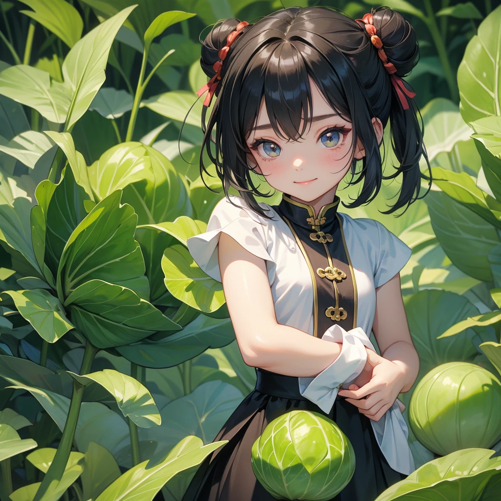 A chibi child girl had a small face and Wearing a little Taoist priest's outfit. A pair of big round eyes shone with curiosity about him. This child was so cute! her hair is black with two buns on her hair.small chibi, chibi baby, smiling ,Chibi.
The cabbage fields are full of Big, fresh, green cabbage There is a cabbage cut in half. Close up.