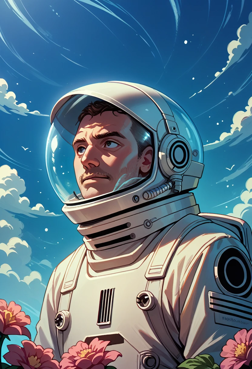 he astronaut walks in the sea of flowers dotted with pink clouds，The astronaut who is alone，The astronaut cannot leave this planet，The astronaut is lost in the boundless space.