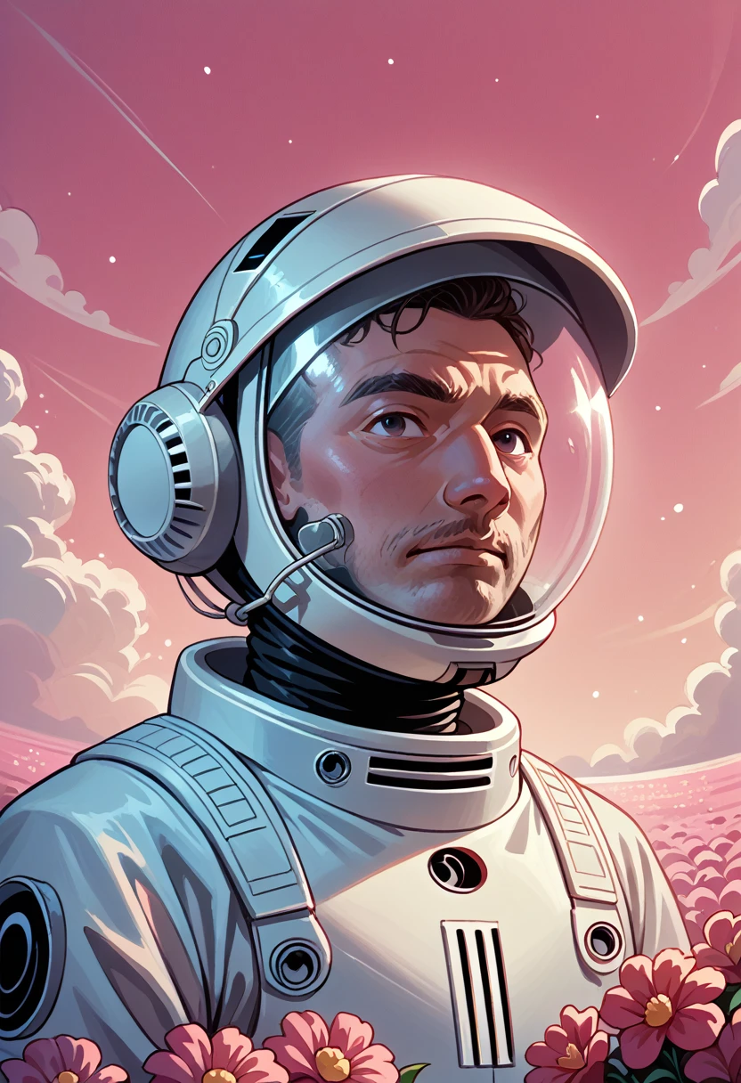 he astronaut walks in the sea of flowers dotted with pink clouds，The astronaut who is alone，The astronaut cannot leave this planet，The astronaut is lost in the boundless space.