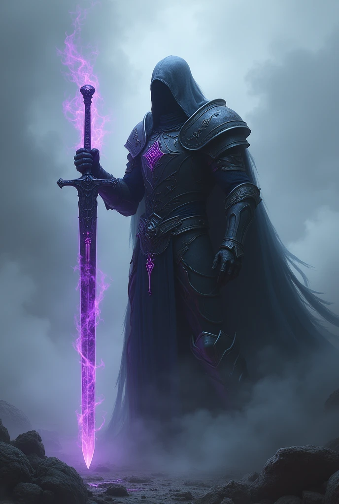 Dark paladin in the fog with sword covered in purple fire