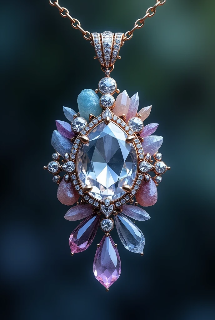 Necklace pendant with diamonds and spiritual crystals surrounding it