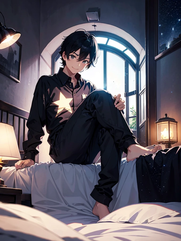 night room boy black hair alone smiling black eyes Looking, sitting, bed, sparkling, black clothes, lamp, window Sit on the bed star High resolution Night sky background
