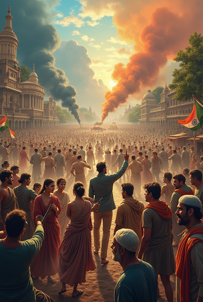 Indian Reactions to British Rule:** A diverse scene showing various reactions of Indian people to the growing British presence, from protests and rebellions to cooperation, set against different Indian landscapes and settings
