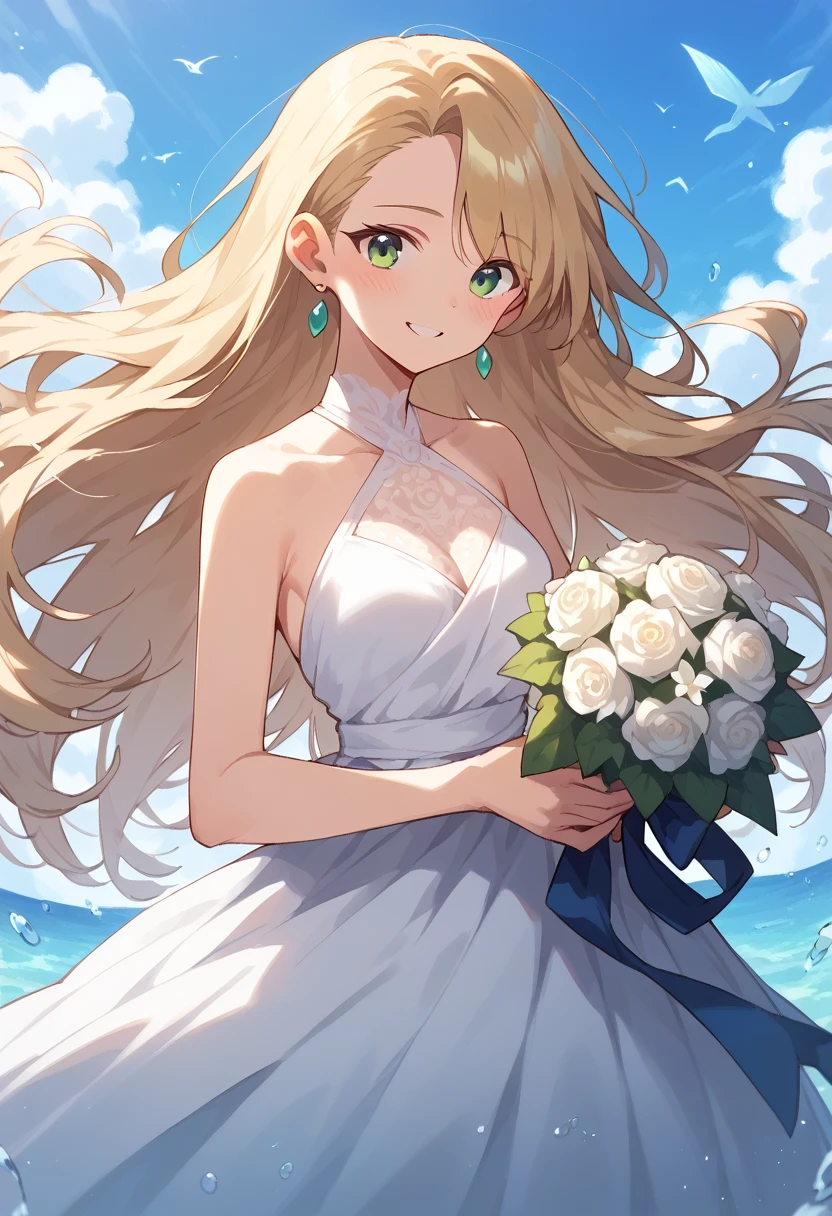masterpiece, (score_9,score_8_up,score_7_up,score_6_up), 1 girl, green eyes, little sassy, skinny, tsurime, asymmetrical bangs, long hair, (blond hair:1.3), wedding Dresses,
white Mermaid Dresses,
white Halter Neckline,
sleeveless,Bouquet in red,
white Illusion Lace,teeth, blush, happy, , girl's front,