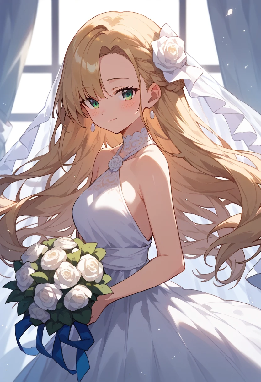 masterpiece, (score_9,score_8_up,score_7_up,score_6_up), 1 girl, green eyes, little sassy, skinny, tsurime, asymmetrical bangs, long hair, (blond hair:1.3), wedding Dresses,
white Mermaid Dresses,
white Halter Neckline,
sleeveless,Bouquet in red,
white Illusion Lace,teeth, blush, happy, , girl's front,