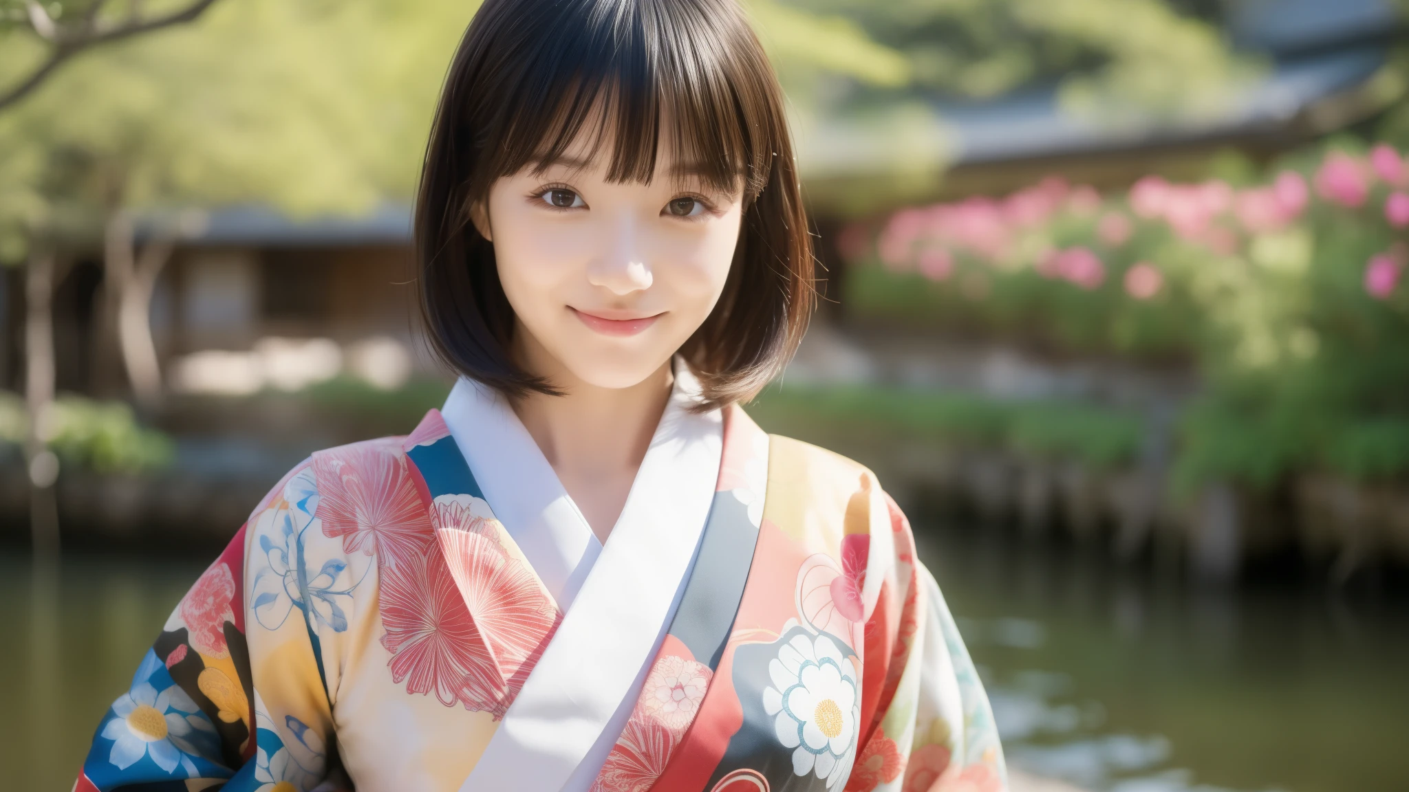 (色鮮やかなyukata), smile, (１people), (don't split the screen), yukata, Neatly trimmed bangs、Straight and voluminous bangs、Short bangs, 最high quality、high quality、Best image quality、8k、最High resolution、High resolution、temple, Realistic photos, Healthy body, Beautiful Eyes, Flowing black hair, Colorful kimono, Calm expression, Soft lighting, Traditional Japanese art style, Vibrant colors, Peaceful atmosphere, Delicate features, Graceful posture, Beautiful Landscape