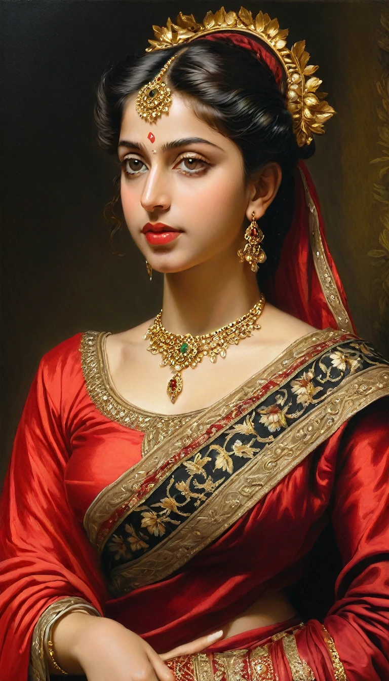 Beautiful Indian Woman, wearing red saree, sari Beauty, gorgeous, Apsara, Maharani, royal queen woman, nymph from Hindu Mythology, Urvashi, matchless beauty, Highly detailed, Oil Painting by Peter Paul Rubens inspired by Raja Ravi Varma, Matchless beauty, captivating, gorgeous, heavenly beauty, celestial beauty, by Peter Paul Rubens, 13, realistic, hyper realistic, micro details, incredible artwork, insane details, ultra High resolution, 8k, 32k, acrylic on canvas, intricate, flawless, detailed, detailed face, detailed eyes, masterpiece, by Peter Paul Rubens, by Caravaggio, by William Adolphe Bouguereau, perfect face, perfect body, beautiful art, realism, baroque, renaissance Art, highly textured, beautiful and detailed eyes, uhd, best quality,
