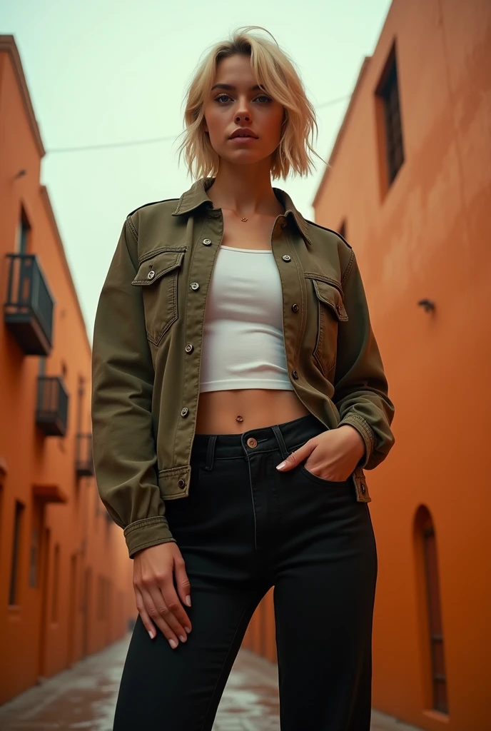 Professional photography, masterpiece, full body, beautiful 30 year woman, confident, charming, thin smile, trendy short blonde hair, wearing a jacket , white t-shirt, long black jeans, attractive pose, on top of orange Mexican building, dramatic lighting, lens flare, glitter effect, resembling photo Sony 7000D, ultra realistic, high definition with added elements of rain or fog and cinematic effects like lens flare or motion blur, orange atmosphere