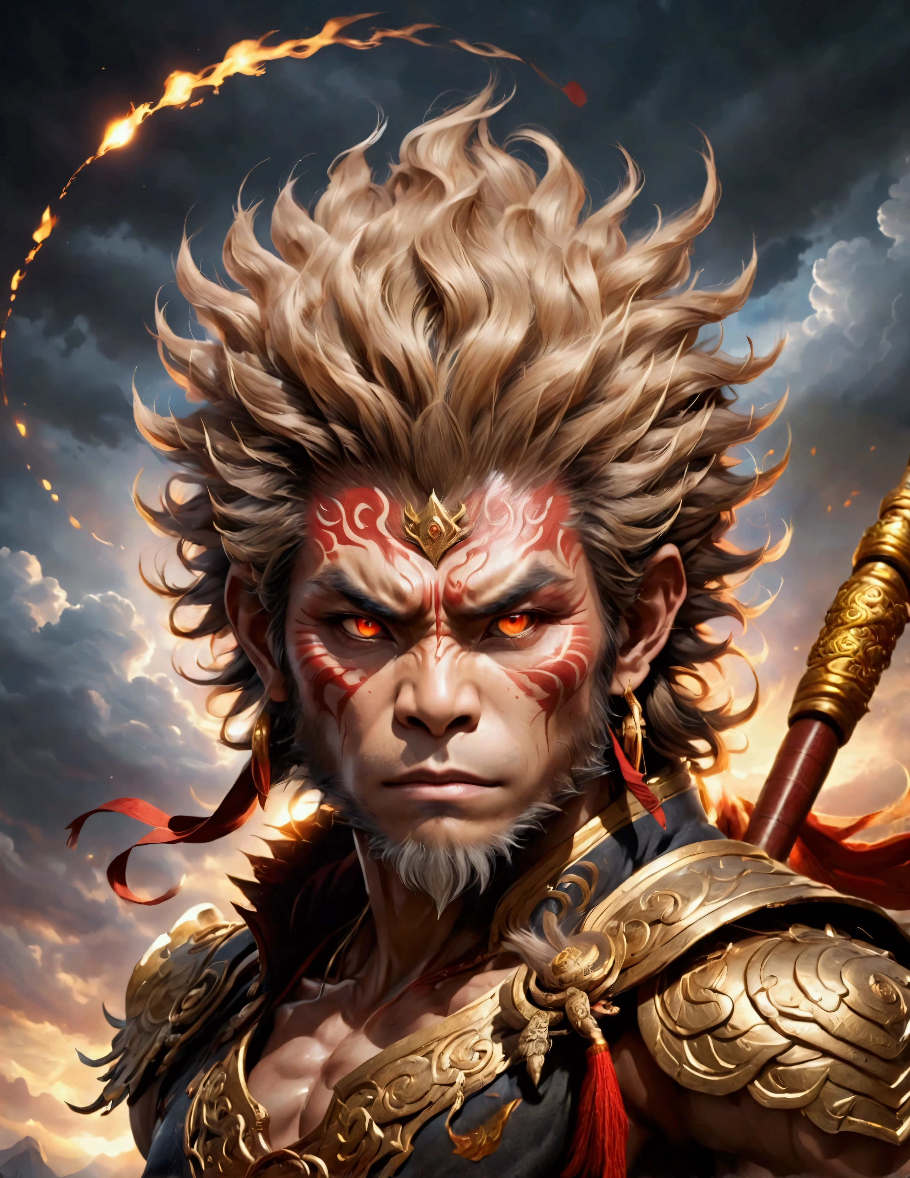 (wukong,1 male,He has monkey-like hair on his head and limbs.,The man is wearing martial arts clothing,dynamic pose,battle style,anatomically correct,),BREAK,((Martial arts uniform: Traditional Chinese uniform: Fighting equipment: Stick-shaped weapon)),BREAK,Create a dynamic scene titled "Skyward Assault" featuring WUKONG from "Journey to the West." WUKONG is leaping high into the air, his muscular and agile body fully extended as he prepares to strike. He wields his iconic staff with both hands, the staff glowing with a mystical energy. His sharp golden eyes are focused, filled with determination, and his mouth curves into a confident grin, revealing sharp teeth. (His spiky hair flutters in the wind, and his thick, arched eyebrows emphasize his fierce expression. WUKONG's black and gold armor is detailed with intricate designs, fitting snugly on his strong, flexible frame. His muscular arms and legs are poised for action, with his long tail trailing behind him. Small patches of fur are visible on his hands and feet, connecting him to his monkey-like origins.) (Below him, a group of demon enemies are in defensive stances, their faces twisted in fear and concentration as they brace for the powerful strike from above. The demons have dark, shadowy appearances, with glowing red eyes and sharp, monstrous features.) The scene is set against a backdrop of swirling clouds, as WUKONG descends from the heavens. The sky is a mix of dark storm clouds and glowing light, highlighting the epic nature of the battle. The energy of the scene is intense, capturing WUKONG's agility, power, and the impending clash.