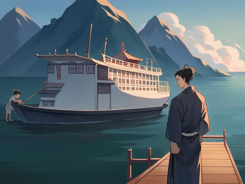 best quality，People wearing Hanfu standing on the boat ，Anime characters wearing Hanfu, Chinese, 穿着ancient China的衣服, ancient China, 身着ancient China服饰, Chinese traditional clothing, Chinese Fantasy