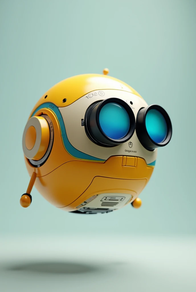 Robot ball floating. Binoculars eyes. Yellow white black . Flying. Yellow body. Blue eyes. Small open circle ear.
