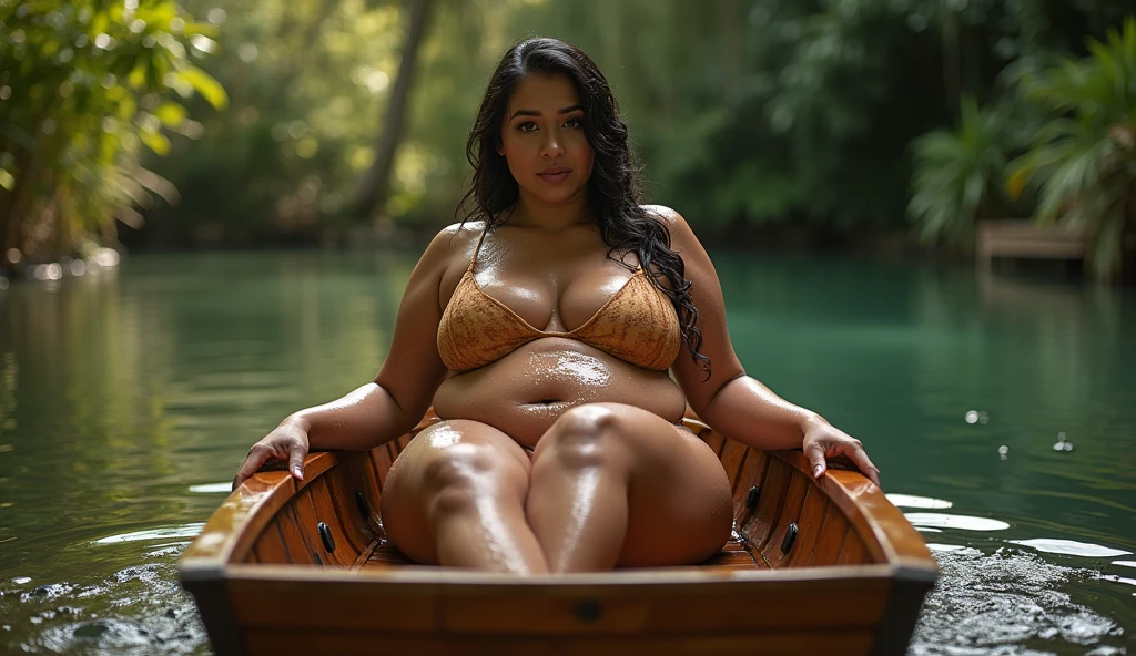 for Instagram ,woman with big breast sitting on a wooden boat in a yard, a stock photo by Eve Ryder, dribble, process art, lisa ann, voluptuous and arousing, very wet, oiled, wet swimsuit, oily puddles, outdoors, dripping wet, carnal ) wet, drenched body, having fun in the sun, full pov