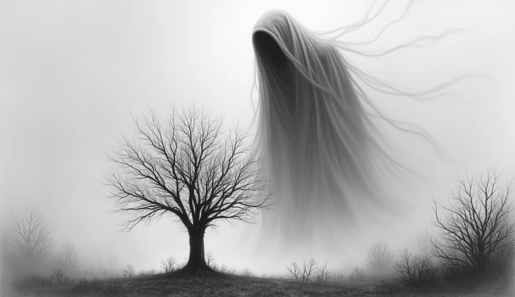 Big ghost guarding a tree in pencil drawing