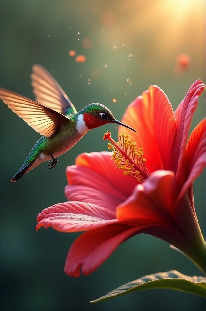 A hummingbird on a large flower collects it, background is blurry