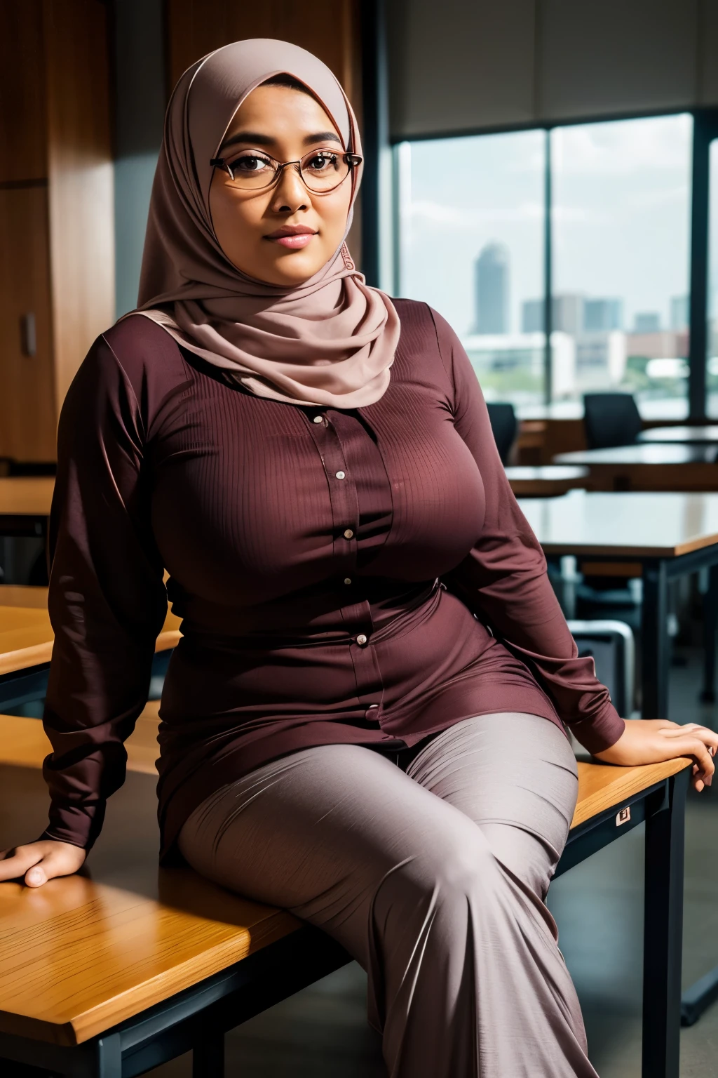 ((beautiful Nerdy malaysia college Lecturer woman)), 45 Years old, Middle age woman, name mira filzah ((blue eyes, Contact Lens)), (((wearing nerd eyewear))),tudung muslim, Luxurious modern baju kurung look rich,, (((Full unbuttoned baju Kurung))), calm,confident,happy,beautifull MILF Curvy body, White Skin Body,looking at viewer, sitting on desk in classroom, (photo, photorealistic:1.37), (ultrahigh-res), half body, walking pose, hyper detailed POV, by lee jeffries, nikon d850, film stock photograph ,4 kodak portra 400 ,camera f1.6 lens ,rich colors ,hyper realistic ,lifelike texture, dramatic lighting , cinestill 800, (huge breasts 1.3)
